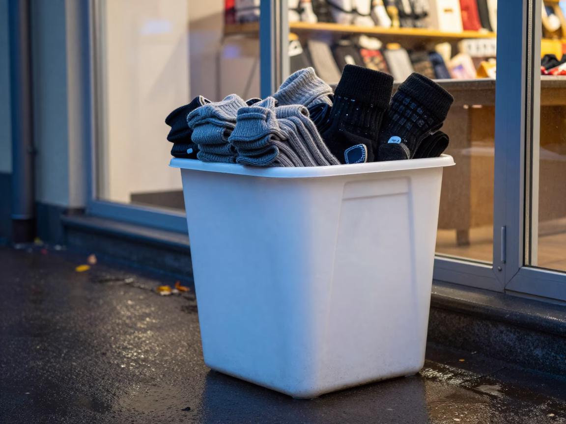 Ski Sock Bin Outside Kaunas Store After Rain in outside a lit retail frontage after dark in Kaunas