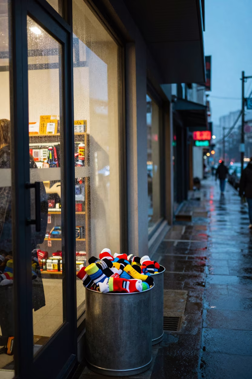 Ski Sock Bin Reflected in Xian Storefront Glass in along a storefront glass line on a wet street near Xian