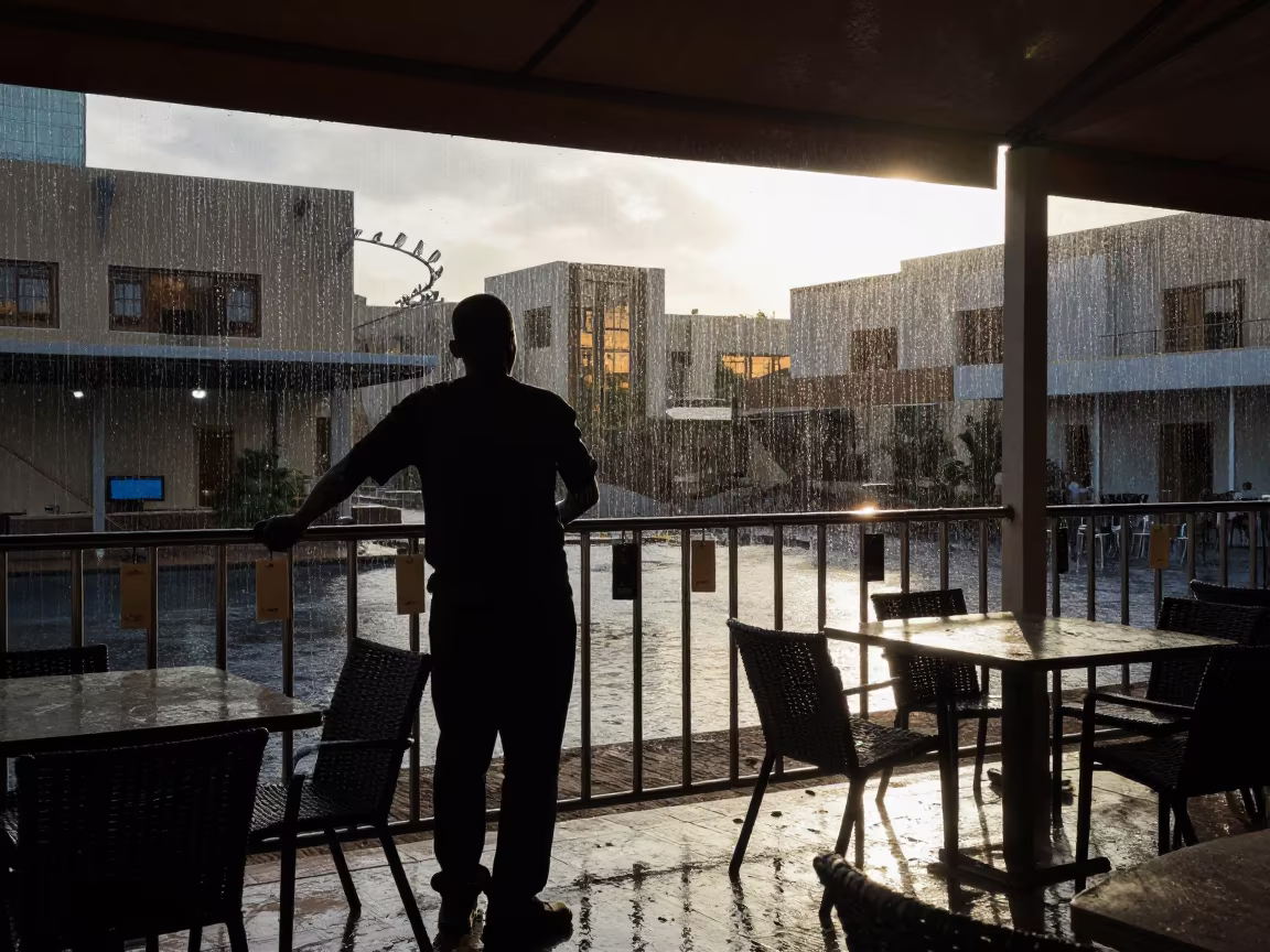 Silhouetted Ski Valet Rail Under Hotel Canopy After Rain in beneath a covered hotel arrival canopy after rain near Nouakchott