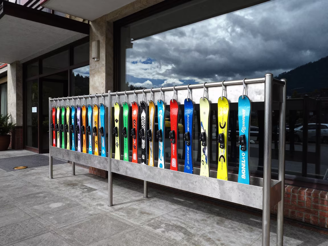 Ski Valet Tag Rail Drying Midday Bogota in at a curbside valet stand outside a hotel entrance in Bogota