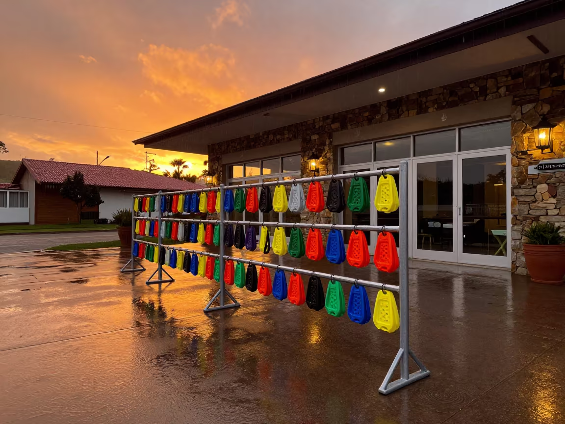Ski Valet Tag Rail Sunset Reflections in at a curbside valet stand outside a hotel entrance near Maturín