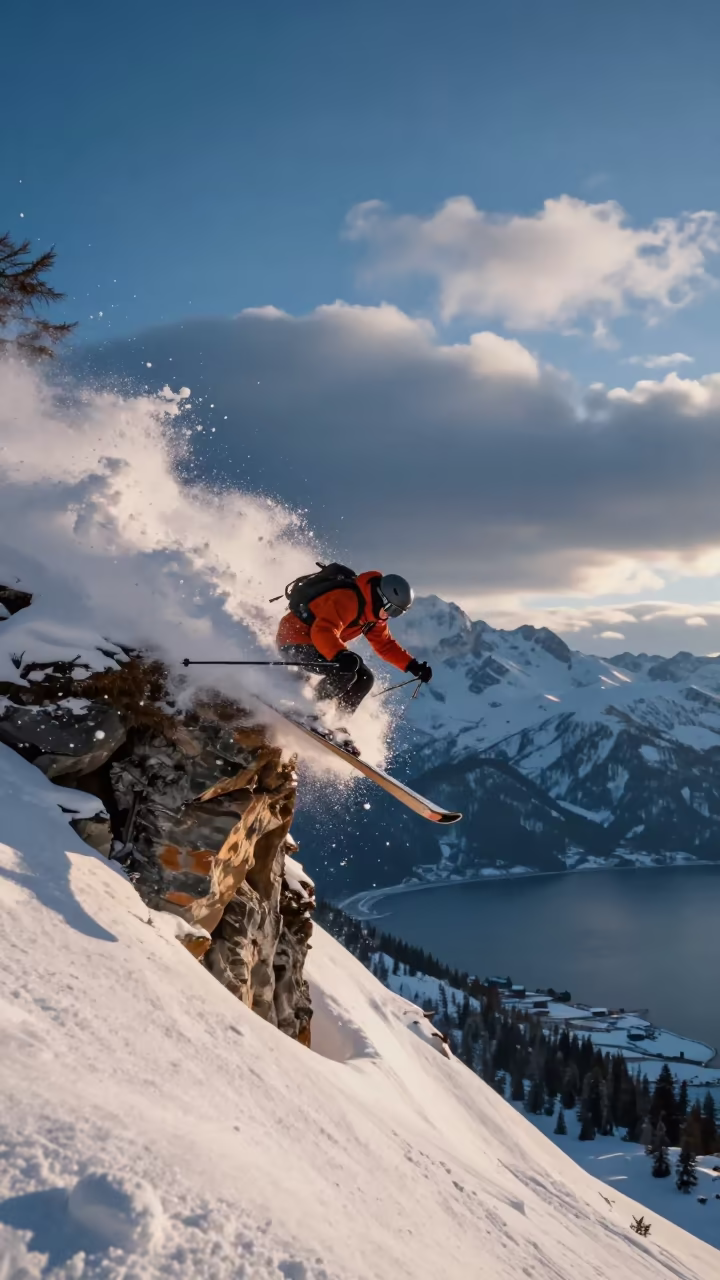 Skier Airtime Cliff Beach Almaty Blue Hour in along a beach near Almaty
