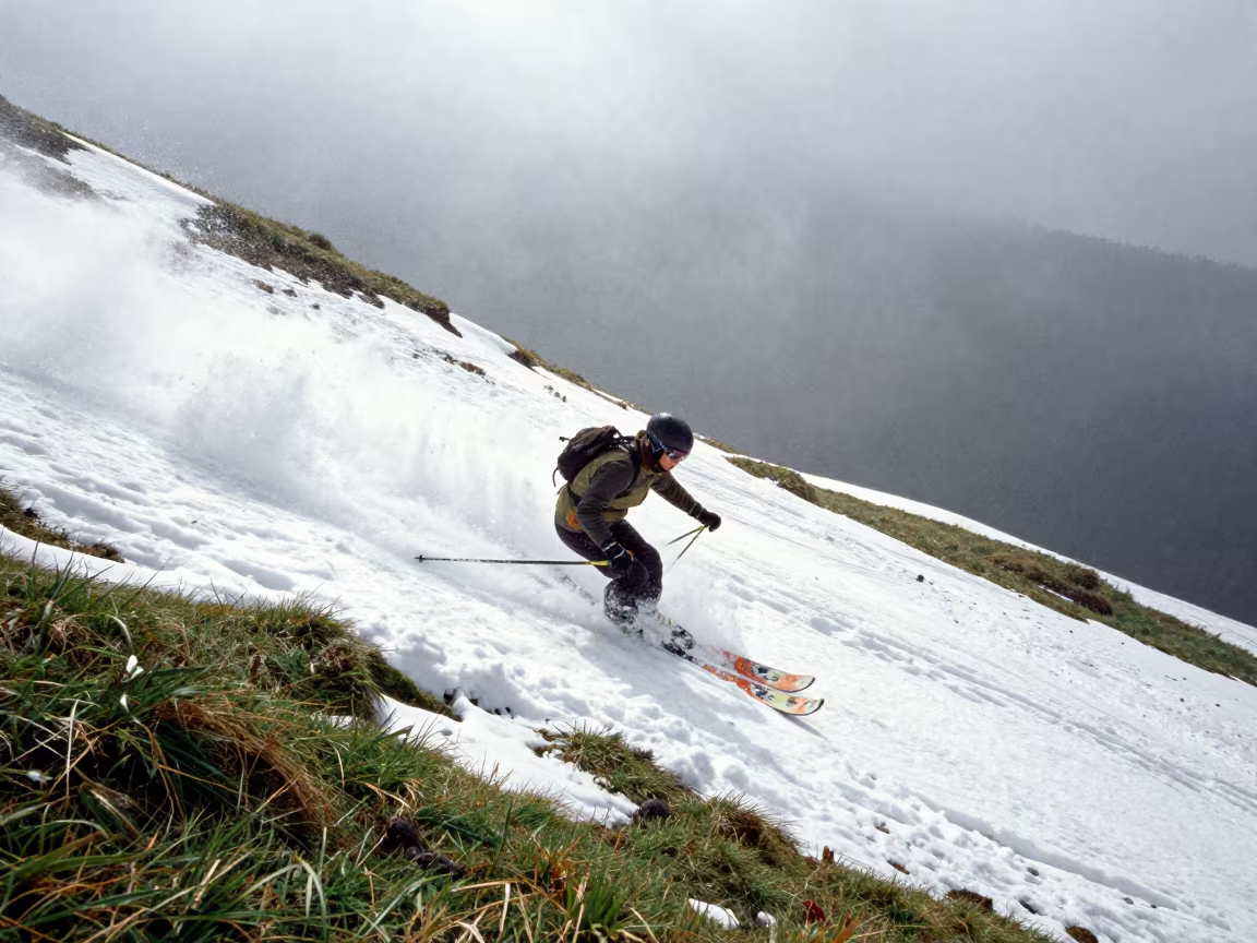 Skier Carving Fresh Powder on Hillside in on a hillside near Ado Ekiti