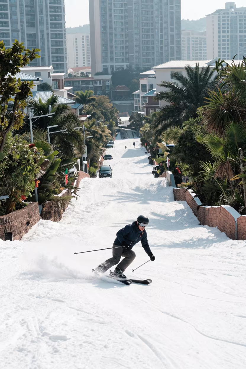 Skier Carving Fresh Powder Shenzhen Lane in in a village lane near Shenzhen