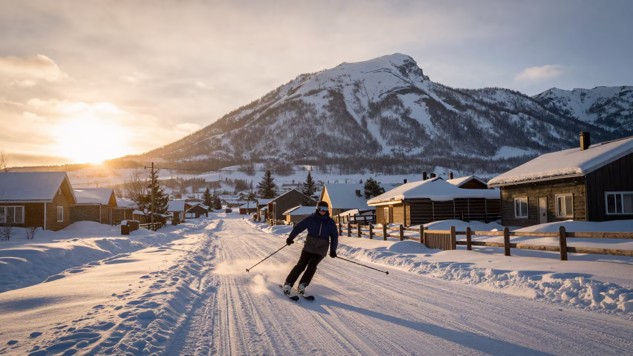 Skier Carving Golden Hour Snow Below Ridge in in a village lane near Anchorage
