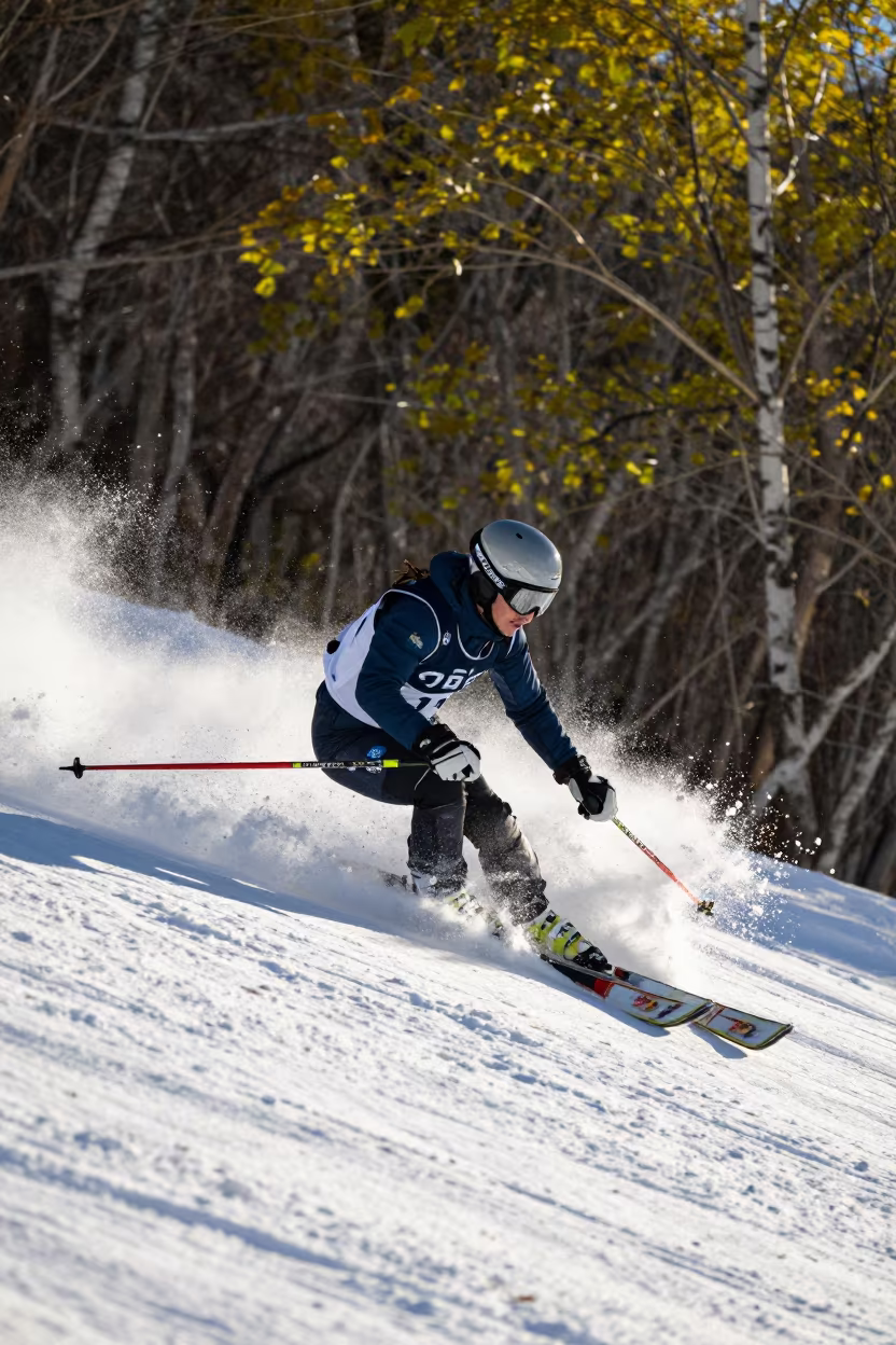 Skier Carving Powder on Beach Near Changchun in along a beach near Changchun