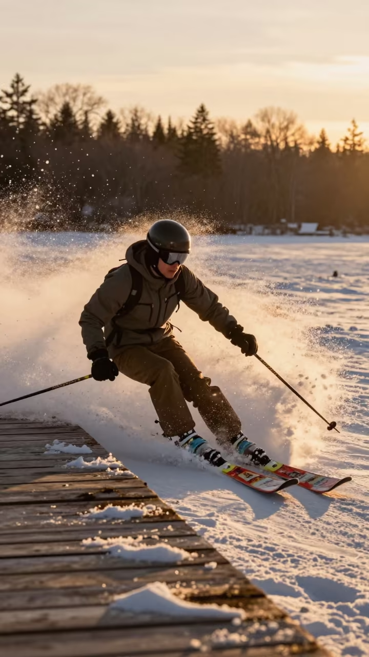 Skier Carving Powder at Sur Harbor Quay in at a harbor quay near Sur