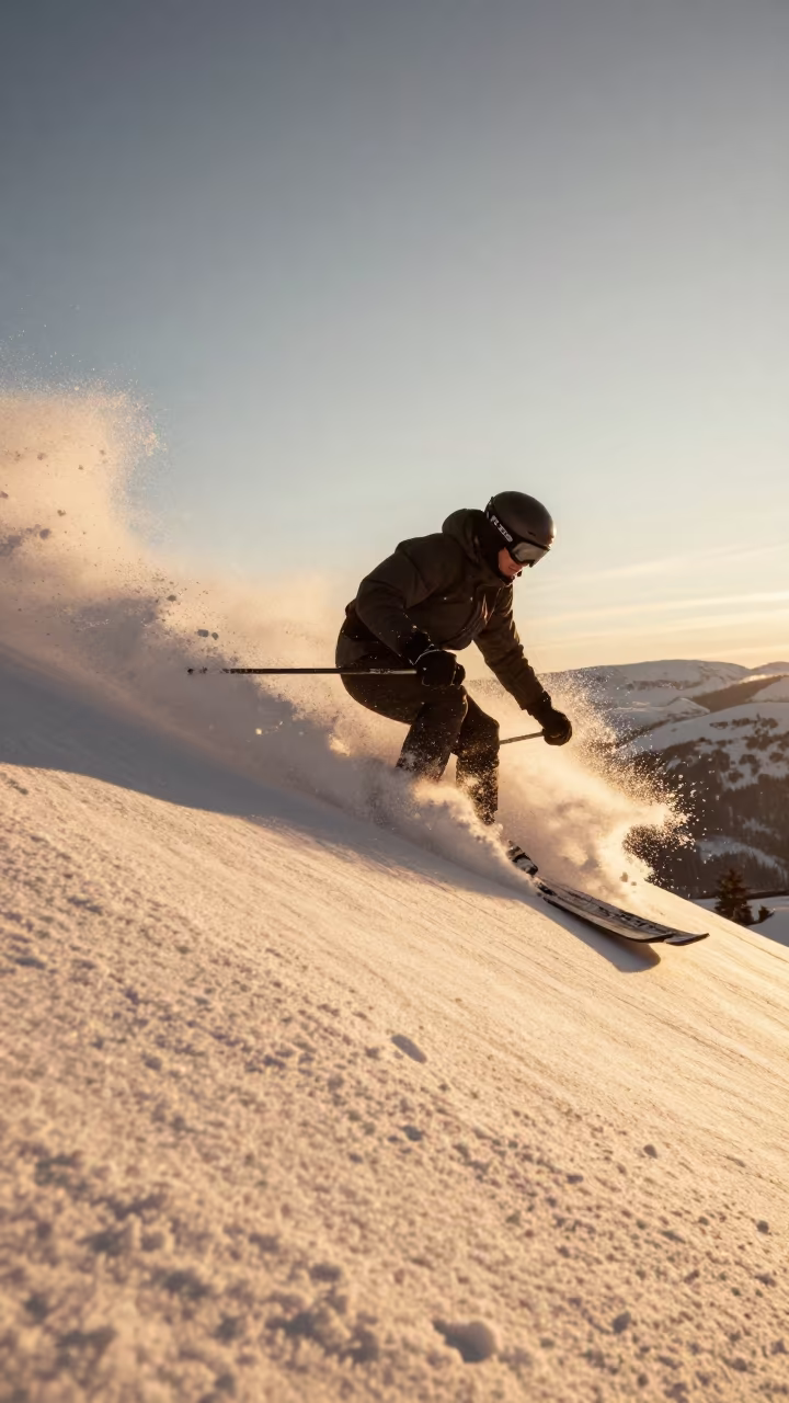 Skier Carving Powder in Winter Perth Evening in on a hillside near Perth