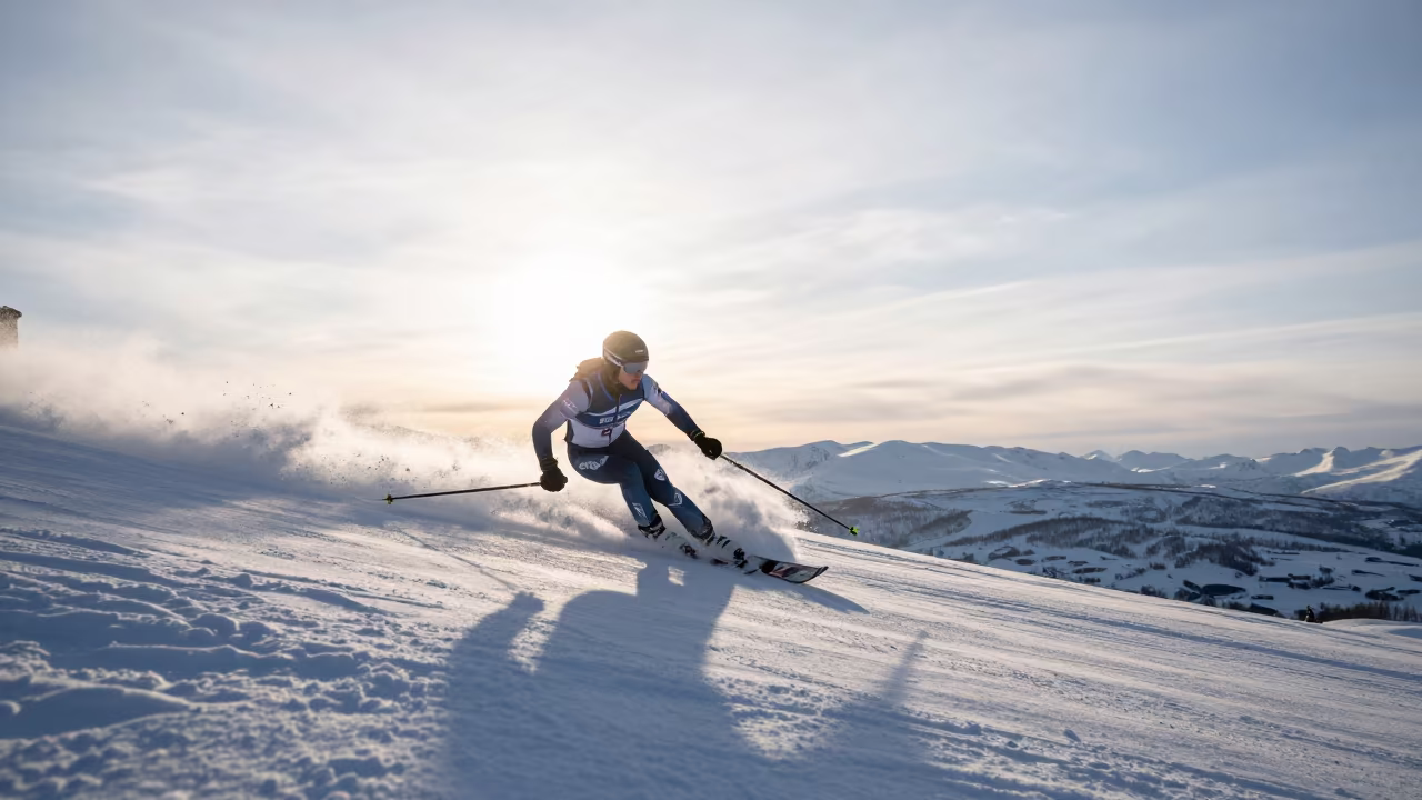 Skier Carving Snow Below Ridge at Tromsø Dawn in at a roadside stop near Tromsø
