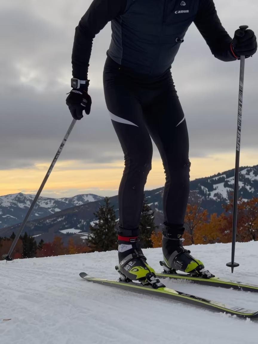 Skier Climbing Steep Hill at Sunset Gulshan in on a mountain path near Gulshan, Dhaka