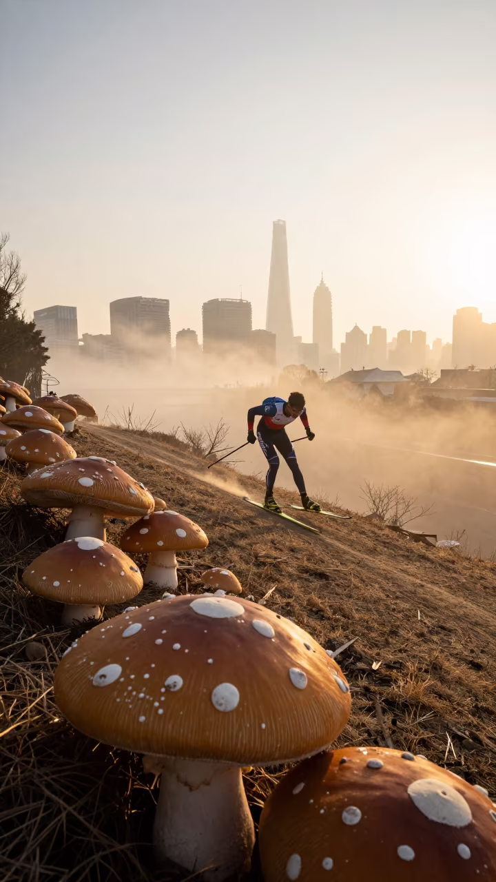 Skier Climbs Misty Hill Giant Mushrooms Shanghai in on a hillside near Jing'an, Shanghai
