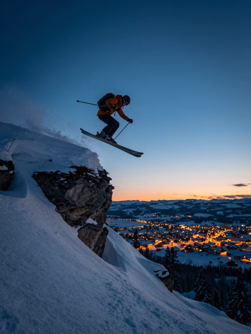 Skier Jumping Cliff Drop Blue Hour Powder in along a beach near Cusco