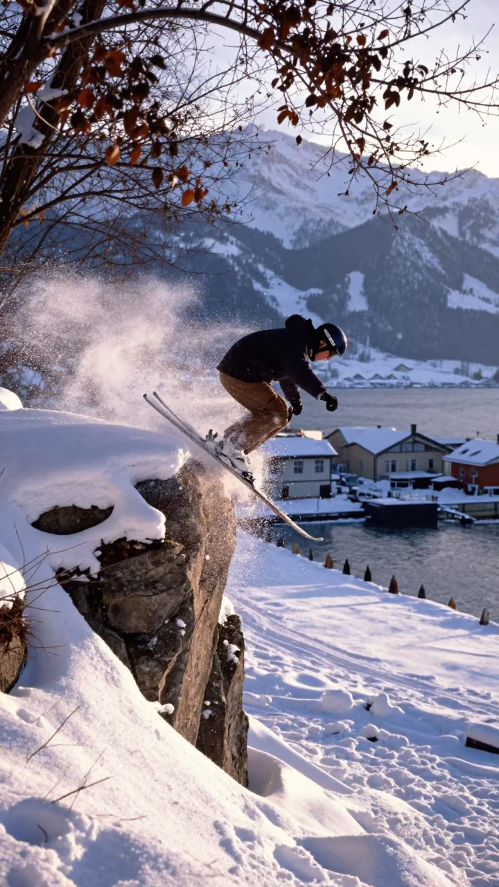Skier Launches Cliff Drop Powder Almaty in at a harbor quay near Almaty