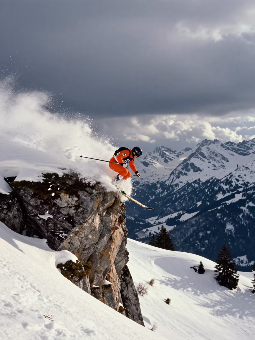 Skier Launches Off Cliff in Deep Powder After Rain in on a hillside near Innsbruck
