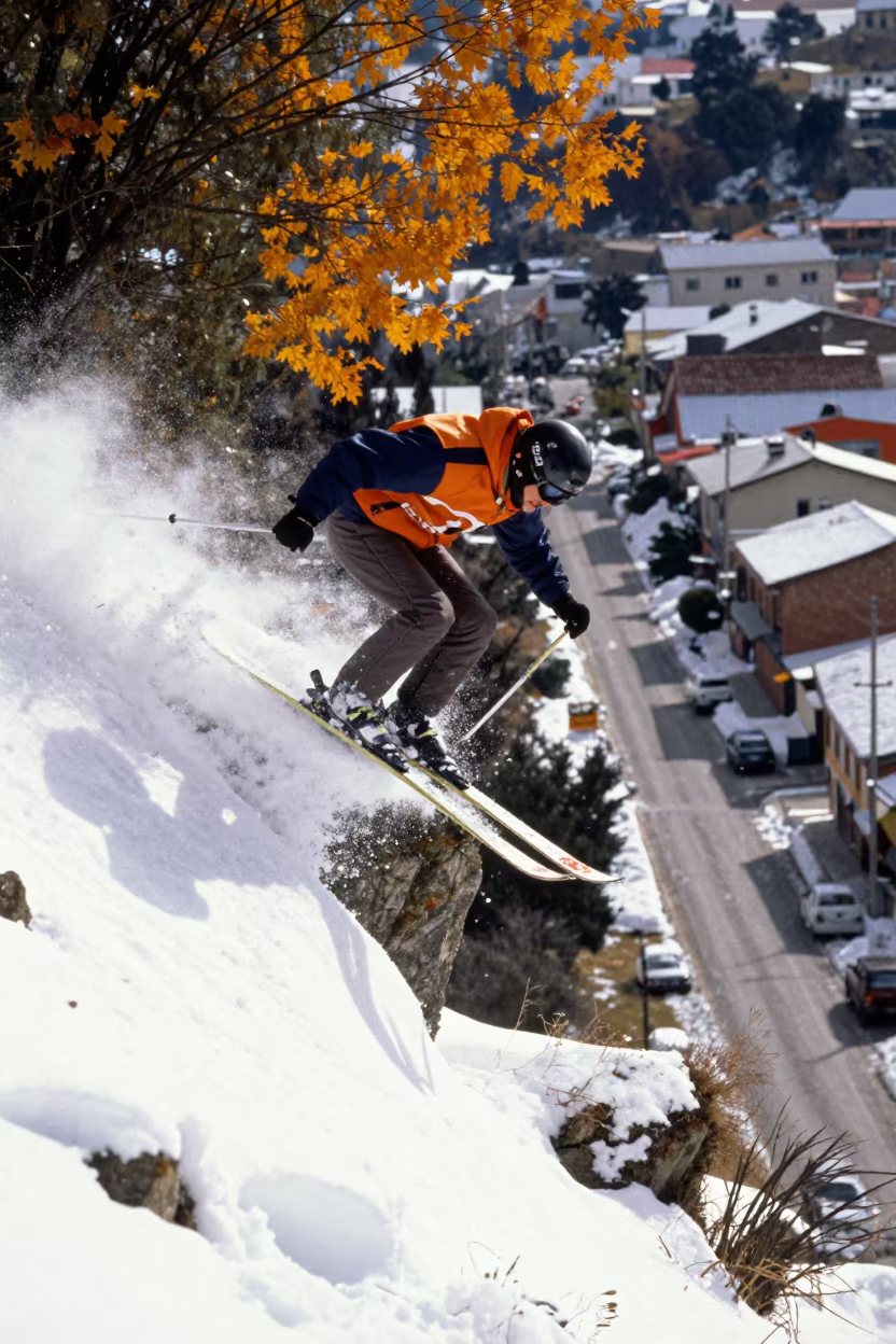 Skier Launches Off Cliff in Quito Autumn Light in in a village lane near San Marcos, Quito
