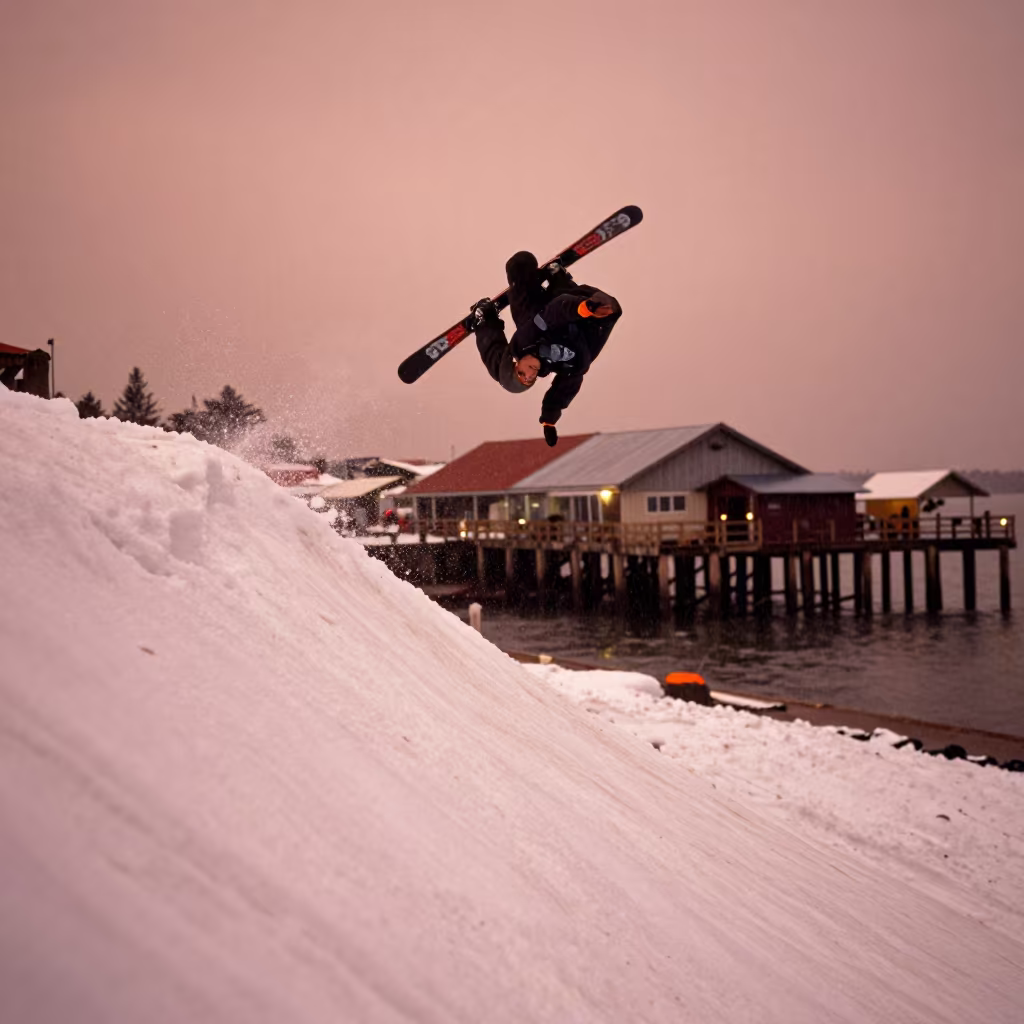 Skier Launches Off Kicker Near Harbor Quay in at a harbor quay near Huacho