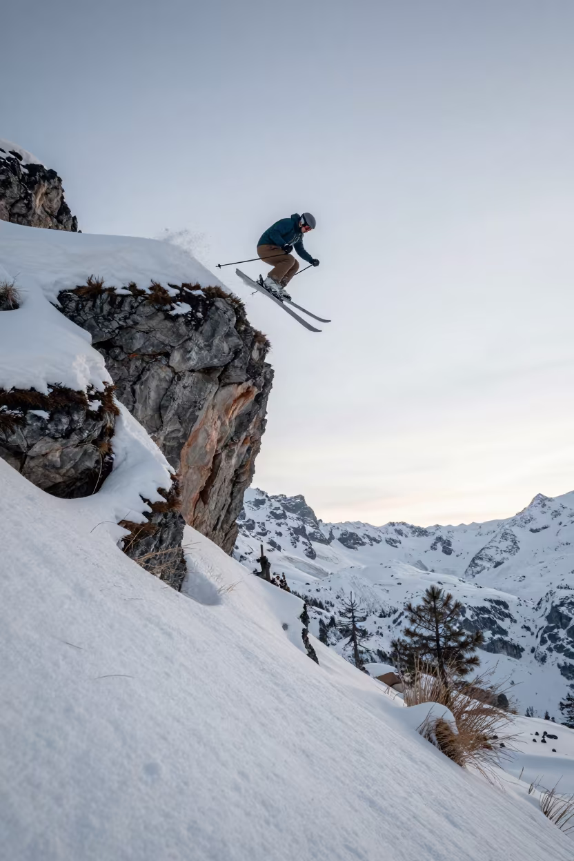 Skier Launching Off Cliff in Autumn Dawn in along a beach near Zermatt