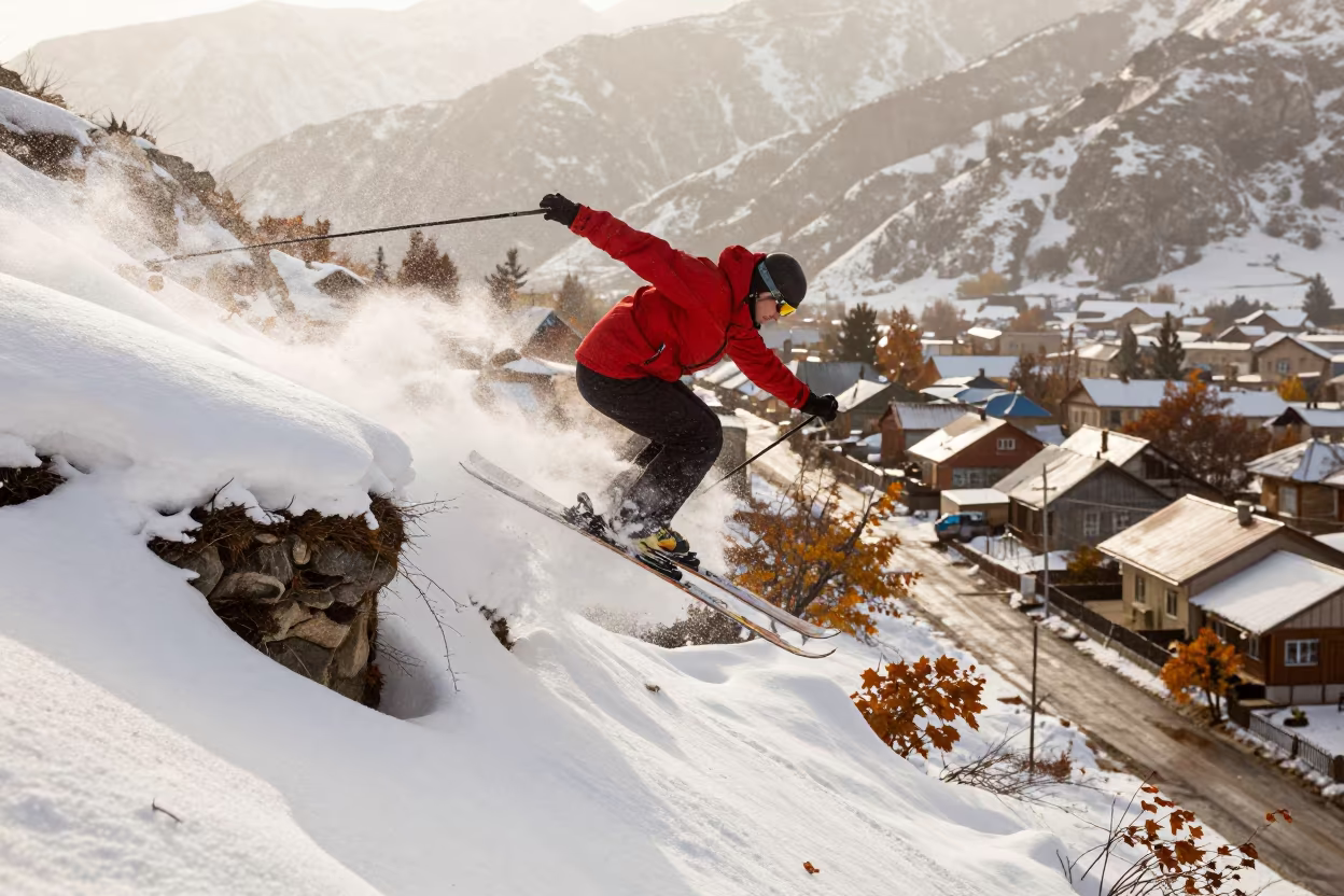 Skier Launching Cliff Drop in Bishkek Lane in in a village lane near Bishkek