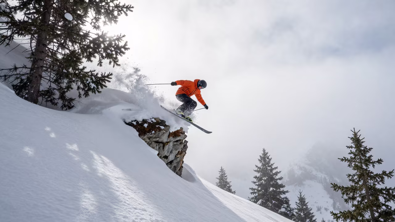 Skier Launching Off Cliff in Almaty Spring Mist in on a hillside near Almaty