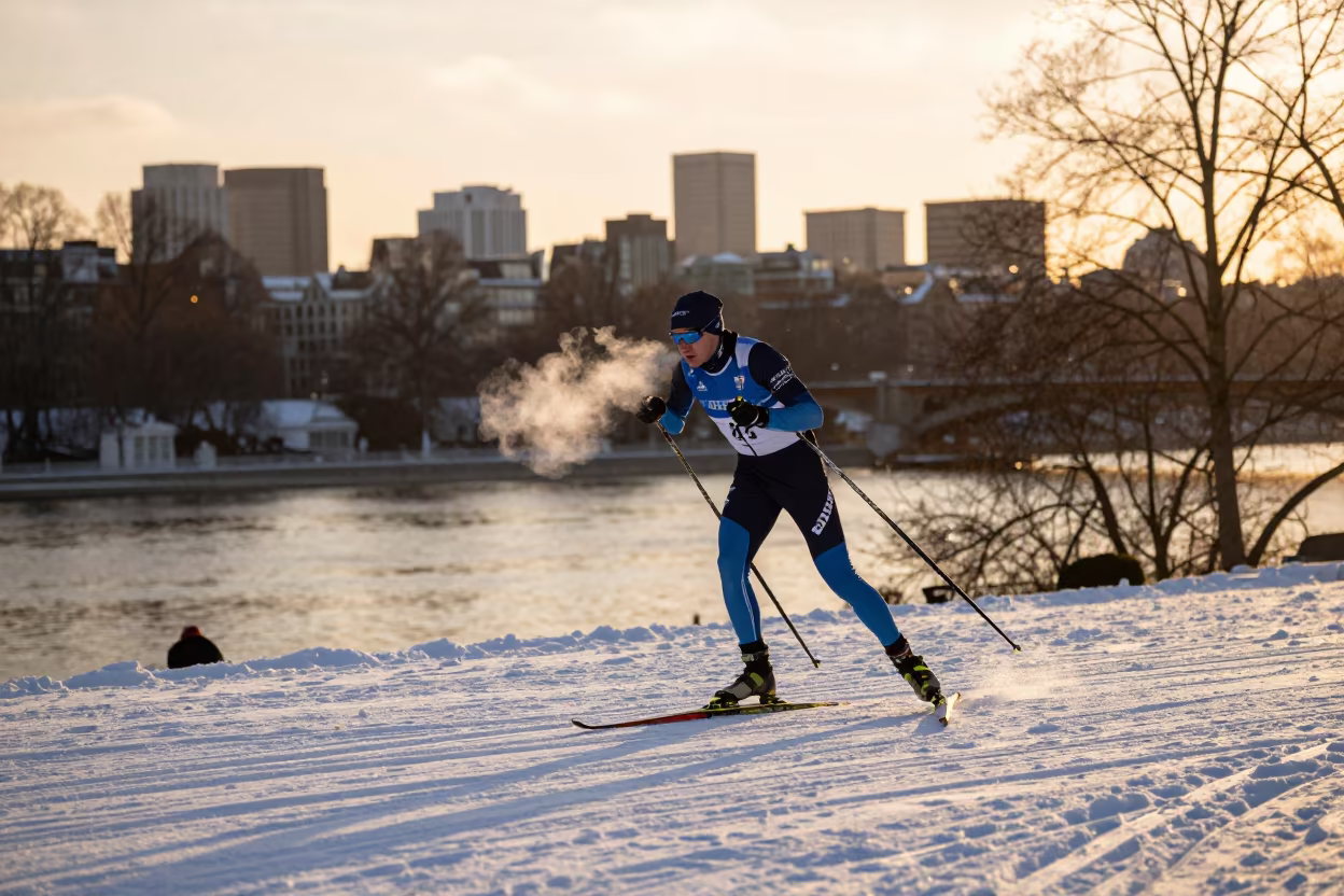 Skier Skates Uphill Westminster Riverbank Evening in by a riverbank near City of Westminster