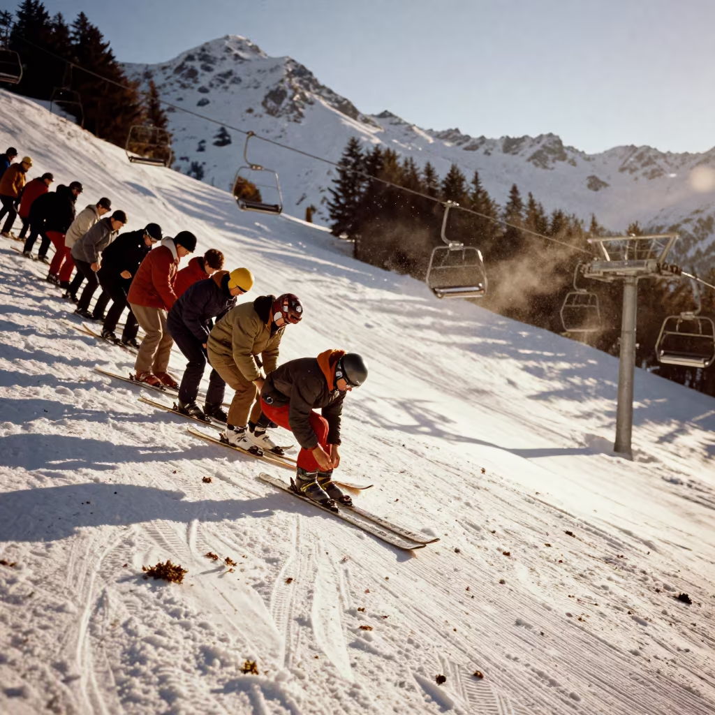 Skier Tightening Boots Before Opening in on a groomed ski slope before opening near Innsbruck