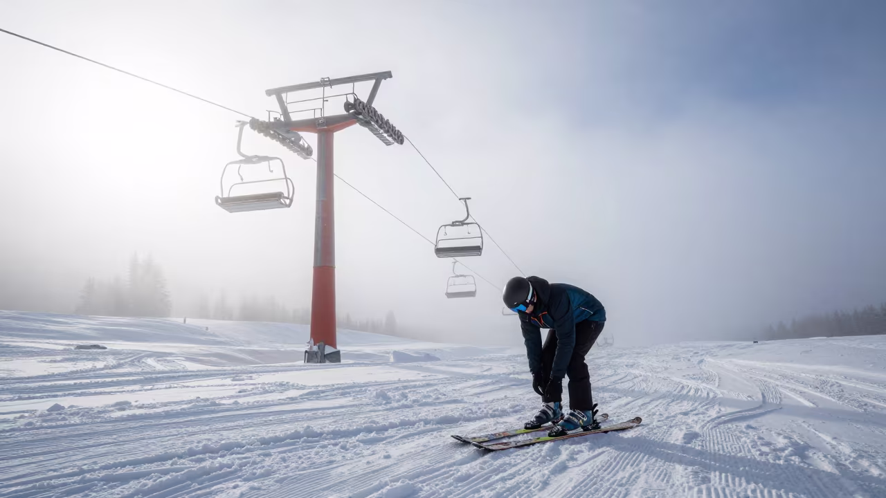 Skier Tightens Boots Near Banff Lift Tower in beside a lift tower above corduroy snow near Banff