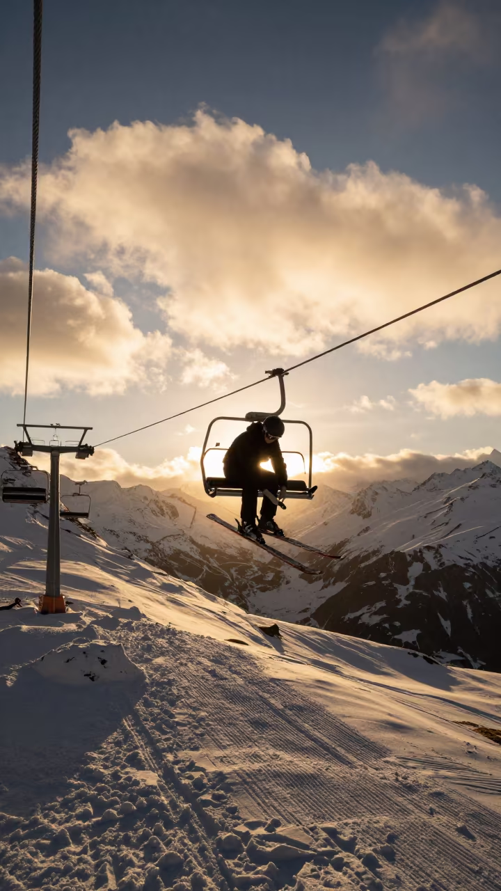Skier Tightens Boots Under Chairlift in beneath a chairlift on a snow-packed run near Queenstown