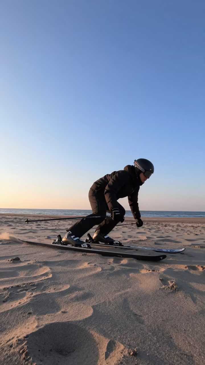 Skier in Tuck on Aktau Beach at Dawn in along a beach near Aktau