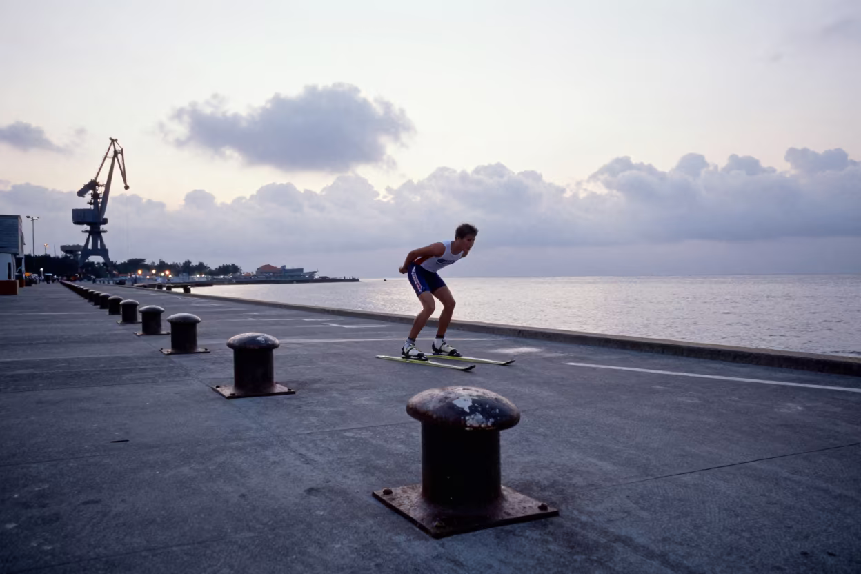 Skier in Tuck on Taipei Harbor Quay at Dawn in at a harbor quay near Taipei