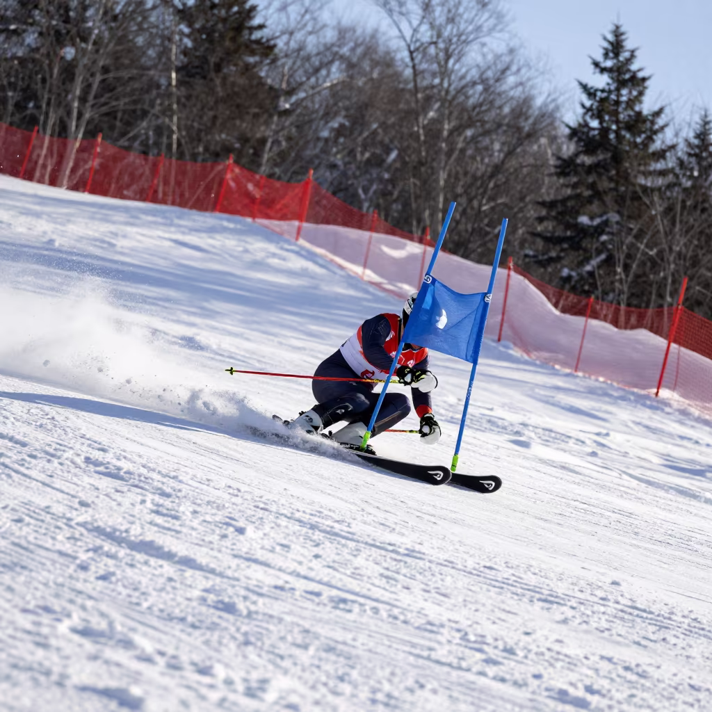 Skier Tucking Through Gate on Harbin Hillside in on a hillside near Harbin