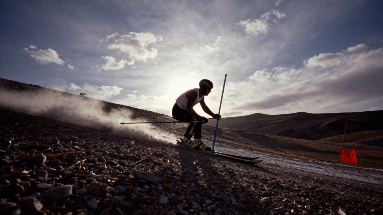 Skier Tucking Through Gate at Twilight in by a riverbank near Gaziantep