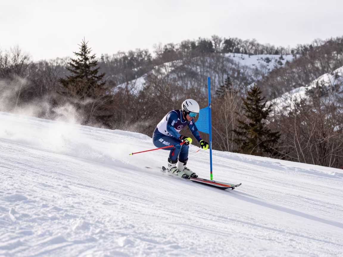 Skier Tucking Through Super-G Gate on Mountain Path in on a mountain path near Calle Loiza, San Juan