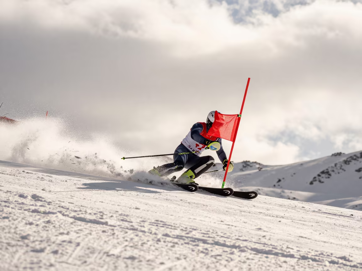 Skier Tucks Through Gate Near Diyarbakir Fields in near open fields near Diyarbakir