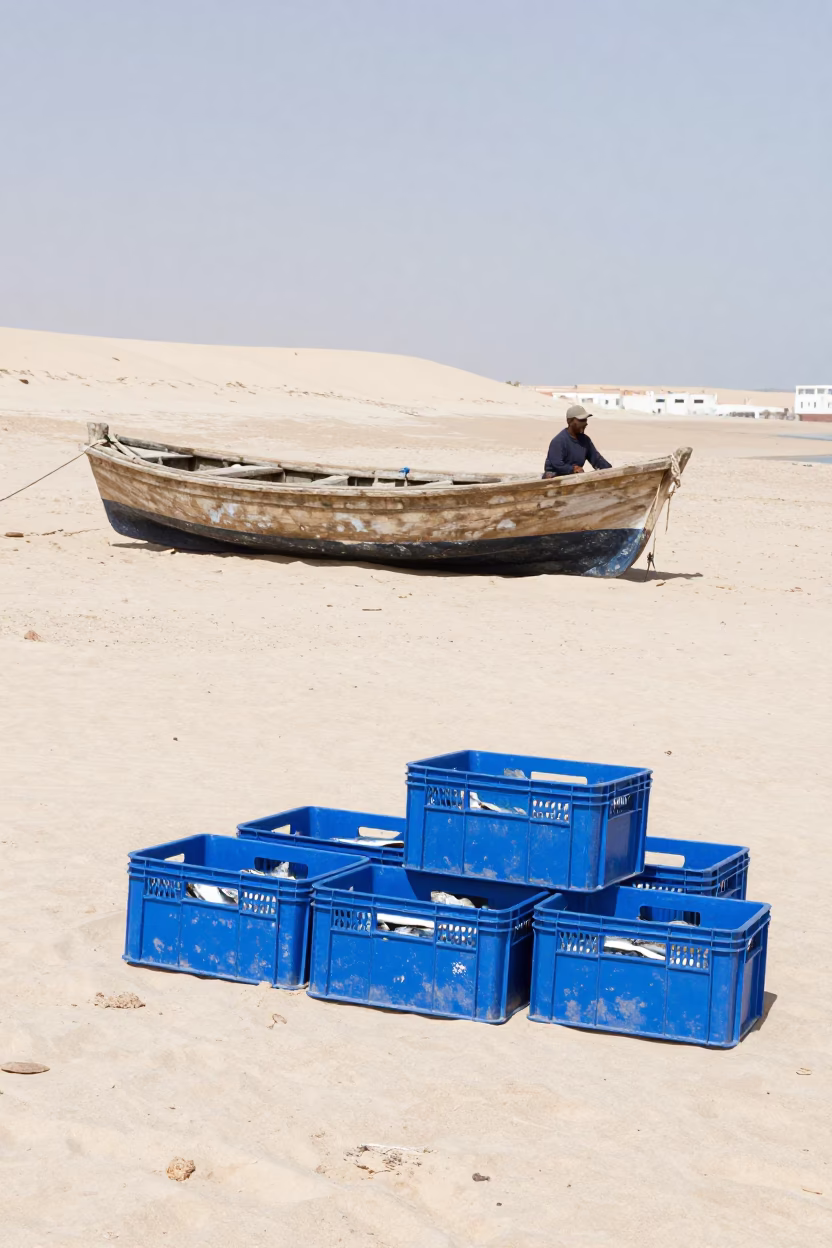 Skiff in Essaouira at Flat Noon Light in in Essaouira, Morocco