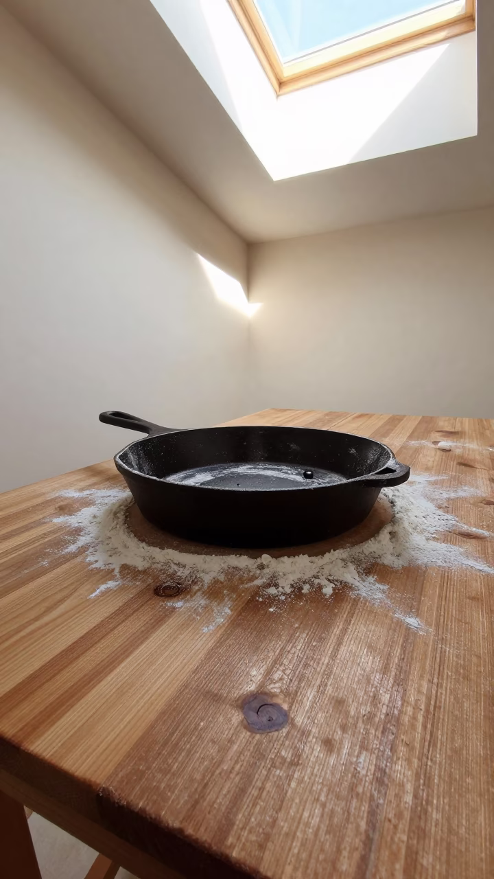 Skillet Flour Dust on Casablanca Table in on a painted produce display table in Casablanca