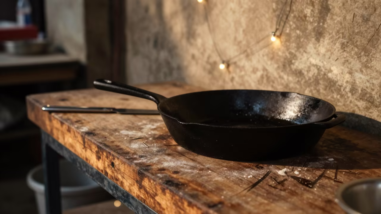 Skillet on Wooden Counter Near Nagpur in on a wooden shelf inside a covered market near Nagpur