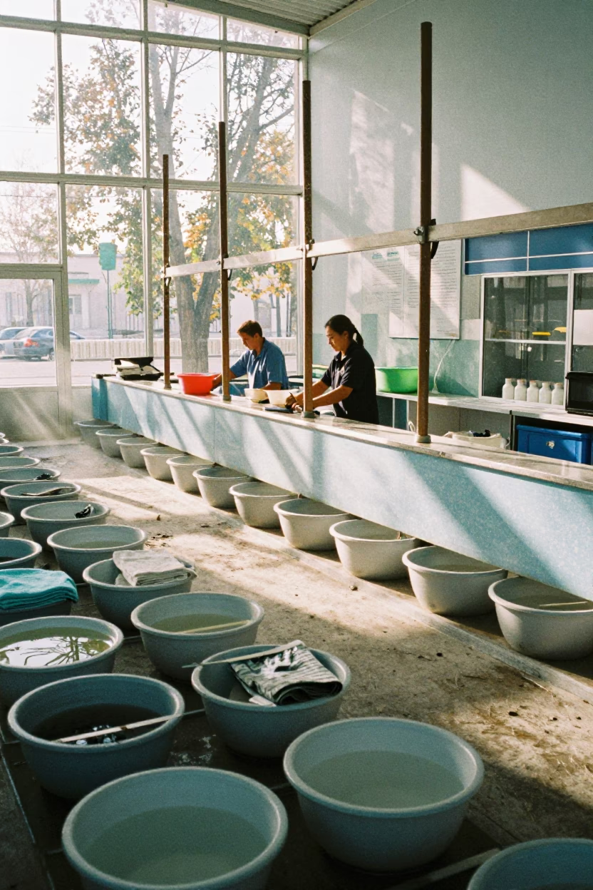 Skimmer Poles Rack in Shymkent Fish Bagging Room in inside a fish bagging counter zone near Shymkent