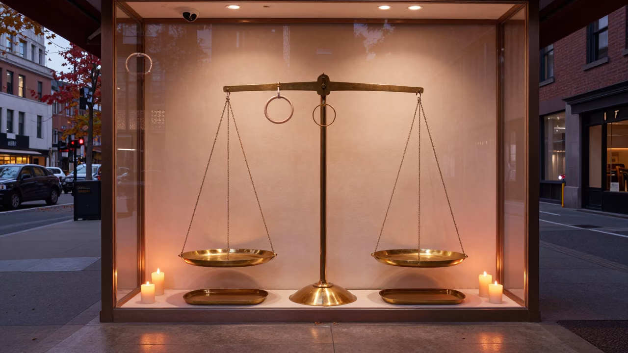 Skin Analysis Chart in Copper-Lit Jewelry Stall in inside a jeweler's stall with brass scales and trays near New York