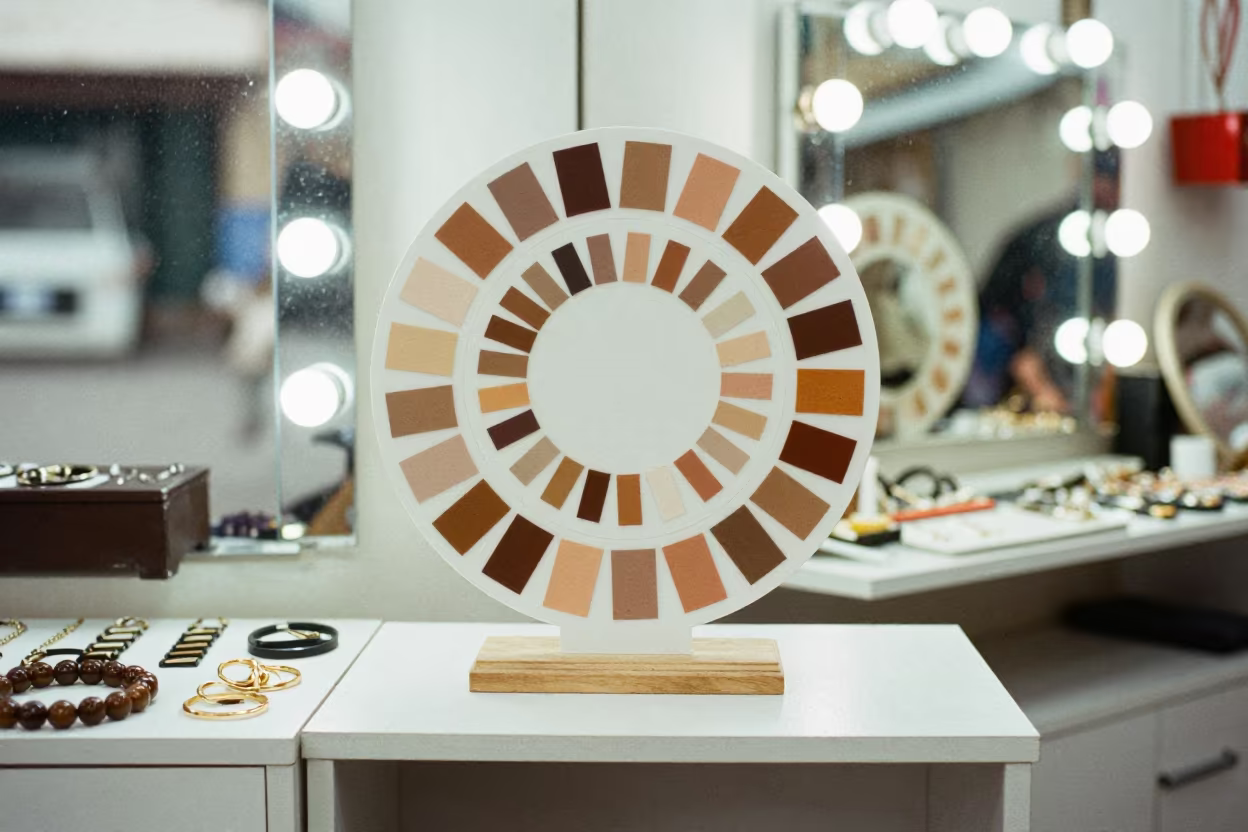 Skin Analysis Ring Chart Stand in Lima Bazaar in at a jewelry counter inside a covered bazaar near Lima
