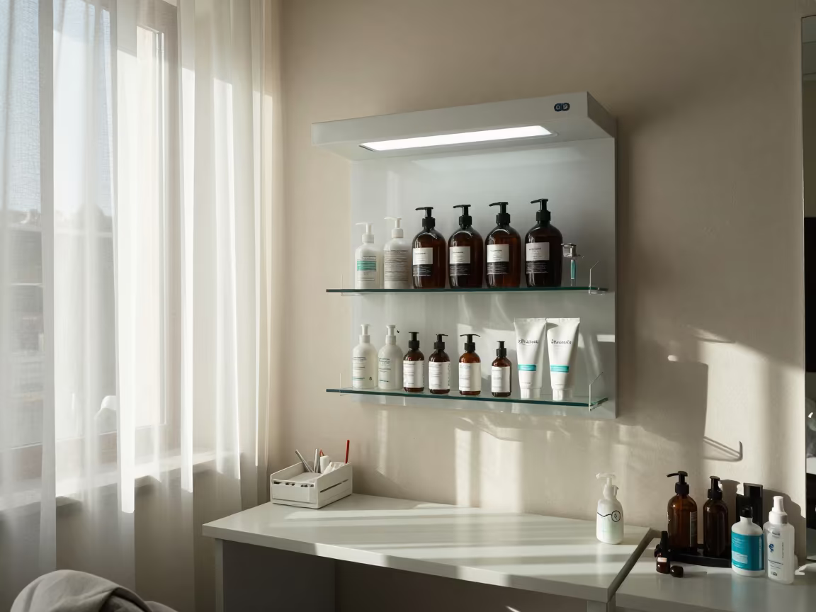 Skincare Backbar Pump Shelf Morning Light in inside a skincare treatment room near Ahvaz
