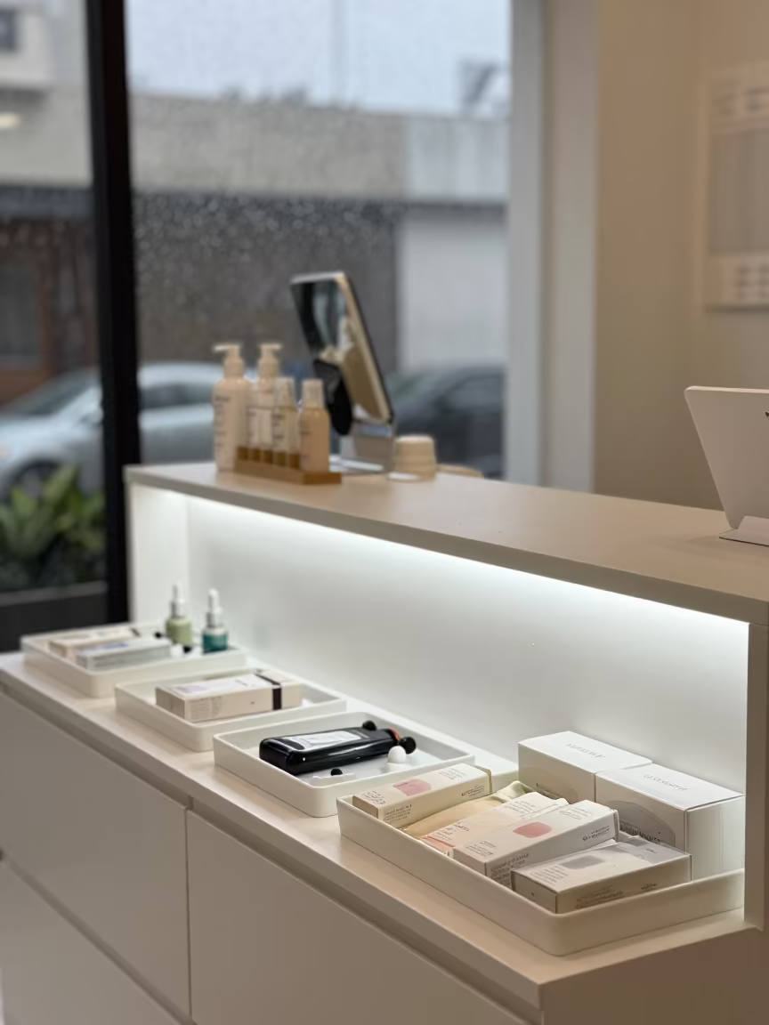 Skincare Beauty Counter Display with Sample Trays in inside a skincare treatment room near Coyoacan, Mexico City