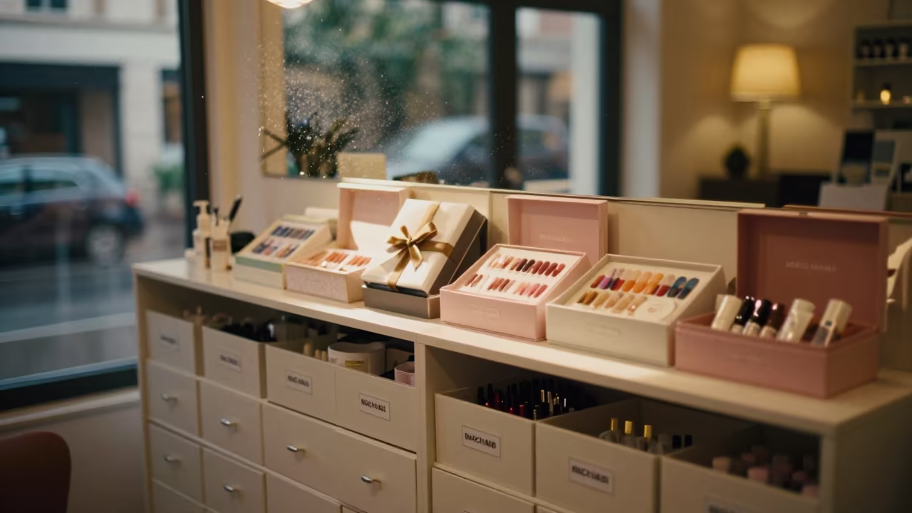 Skincare Display in Machala Nail Studio Evening Light in inside a nail studio in Machala