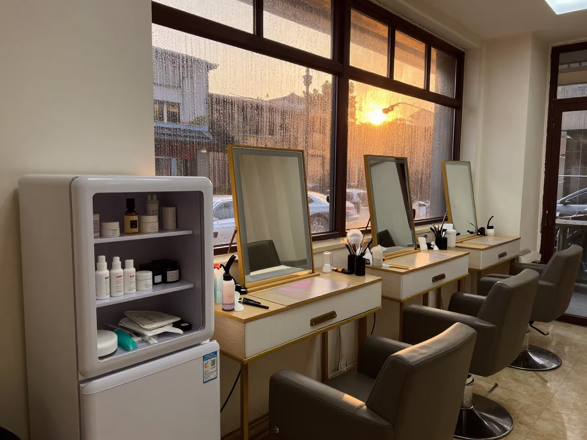 Skincare Fridge Shelf in Beijing Nail Studio in inside a nail studio in Gulou, Beijing