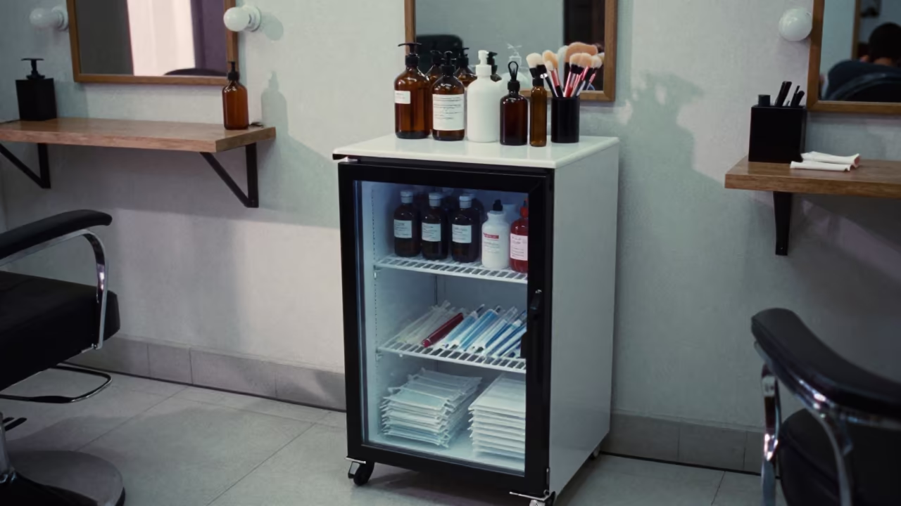 Skincare Fridge Shelf in Hanoi Barber Station in at a barber station beneath mirror bulbs in Long Bien, Hanoi