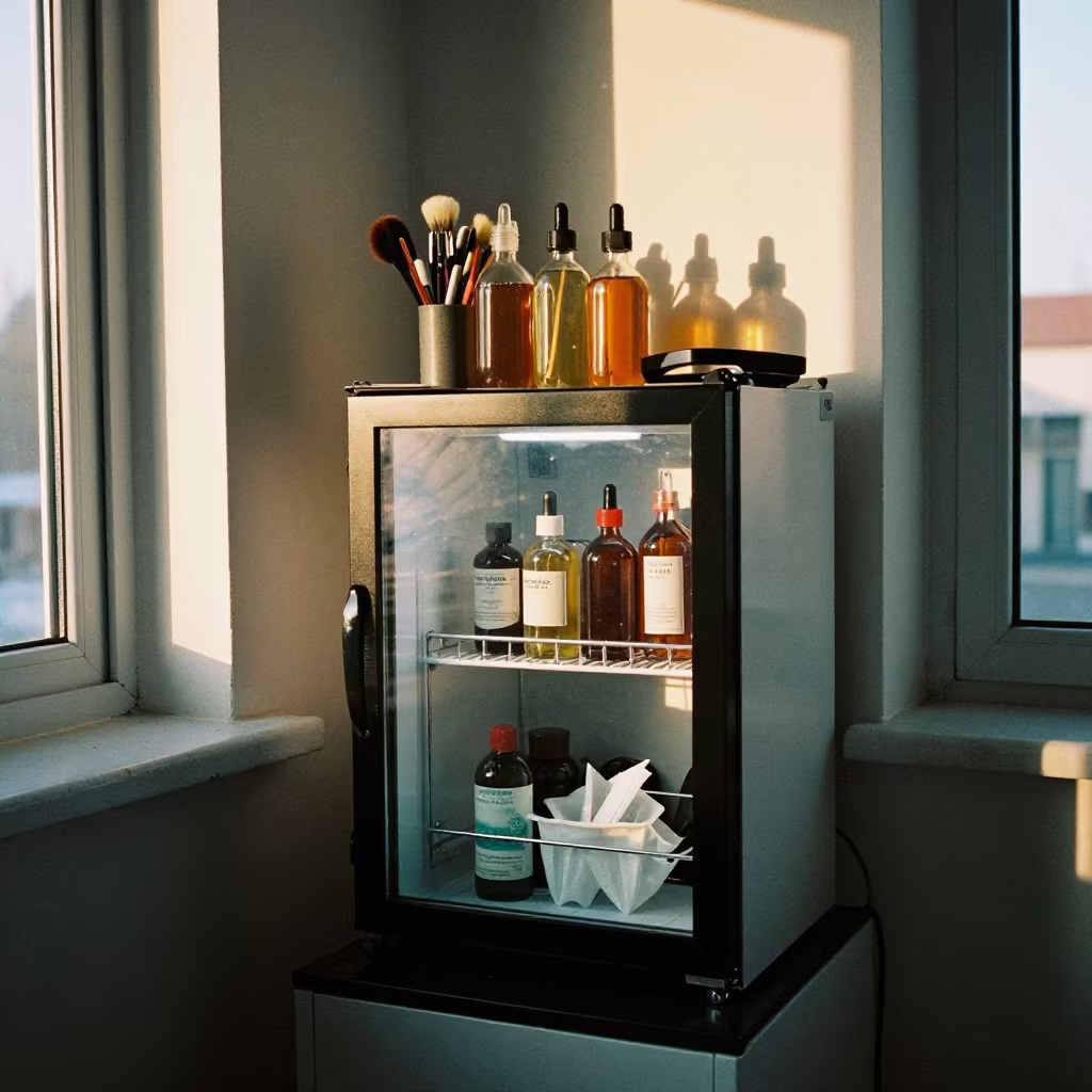 Skincare Mini Fridge Shelf in Barber Station in at a barber station beneath mirror bulbs in Changchun