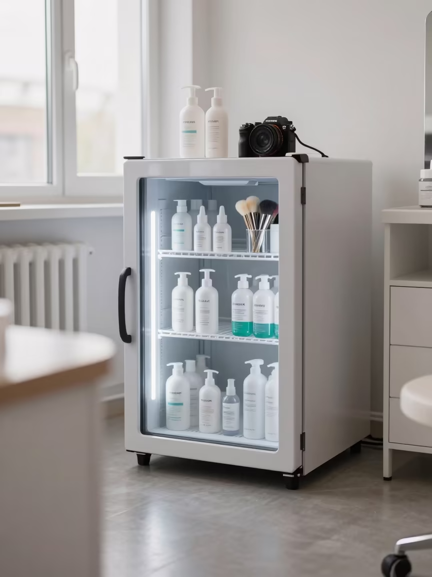 Skincare Mini Fridge Shelf Between Appointments in in a beauty supply area under white LEDs in Petropavl
