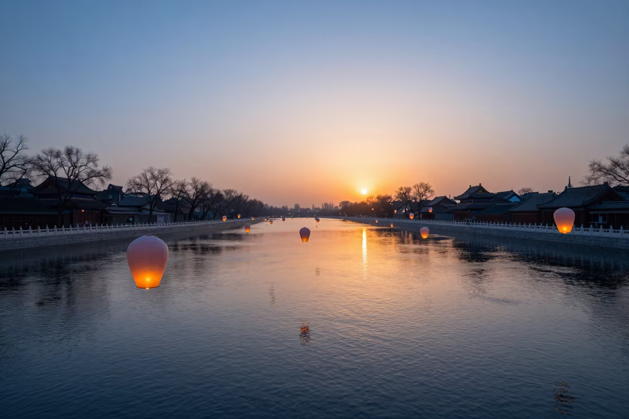 Sky Lanterns Rising Over Beijing Waterfront Before Sunrise in at a waterfront celebration near Beijing