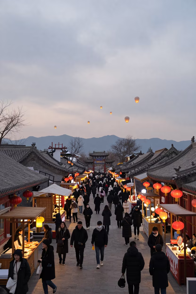 Thousands of Sky Lanterns Rising at Liulichang Night Market in at a night market in Liulichang, Beijing