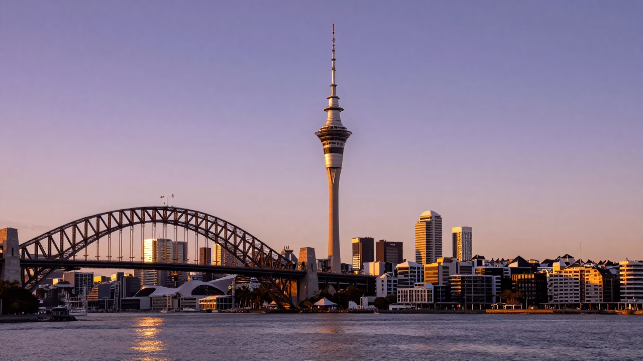 Sky Tower And Harbor Bridge From Viaduct Harbour in Auckland in in Auckland, New Zealand