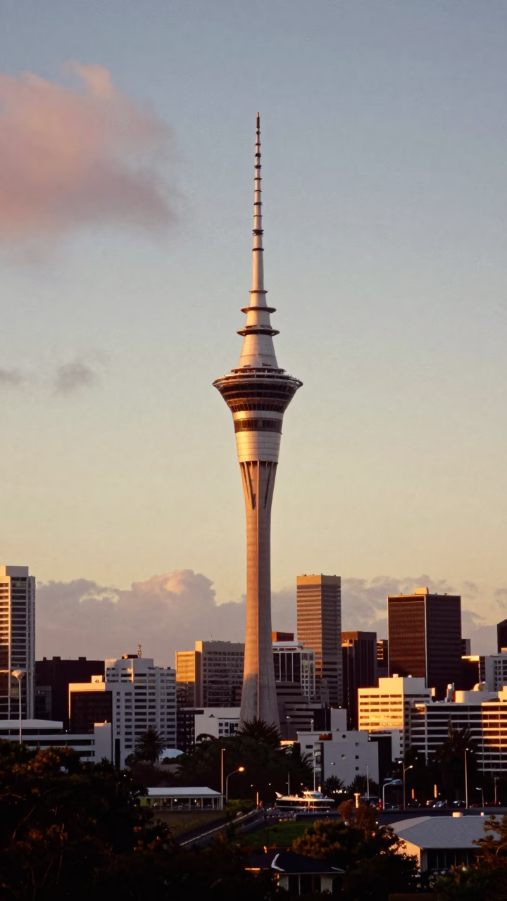 Sky Tower And Harbor From Maungawhau Mount Eden Volcanic Crater in Auckland in in Auckland, New Zealand